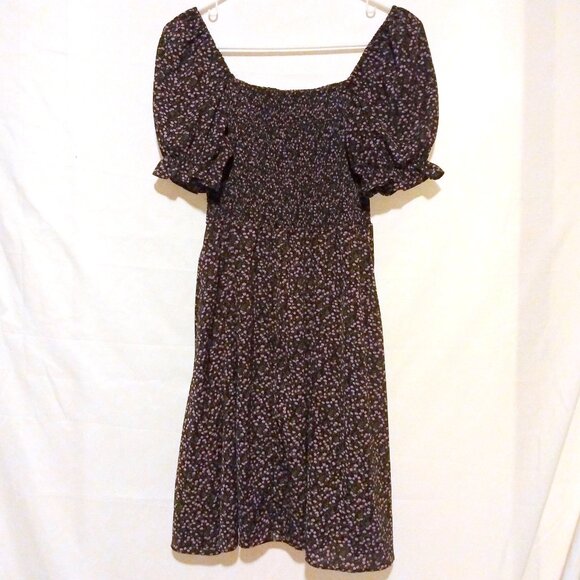 SHEIN Dresses & Skirts - Shein Black Floral Puff Sleeve Smocked Dress L Cottagecore Coquette Feminine